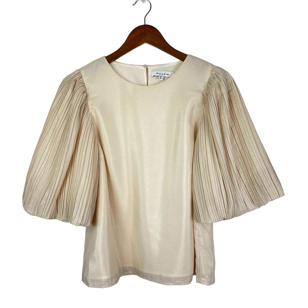 Moodie | Georgette Beige Shimmer Pleated Short Flare Sleeve Boxy Boutique Blouse